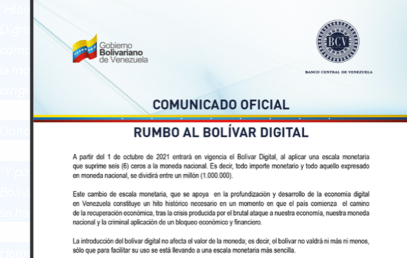 Comunicado emitido por el BCV sobre la emisión del Bolívar Digital.