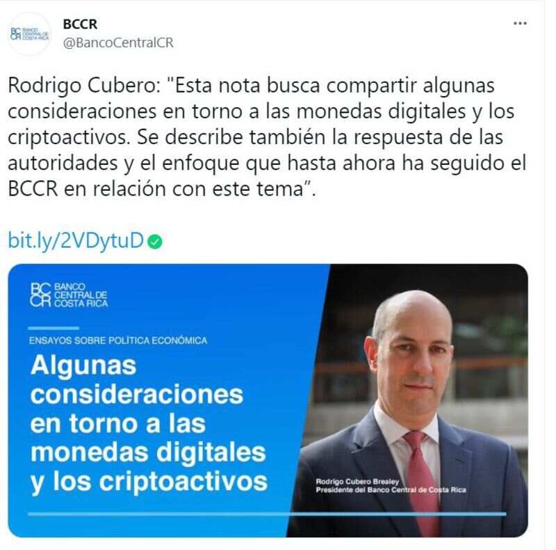 Tweet del Banco Central de Costa Rica.