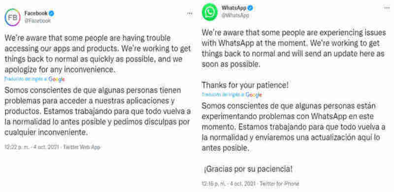 Comunicado de Falla de Facebook a través de Twitter. Screenshot Twitter Facebook y WhatsApp