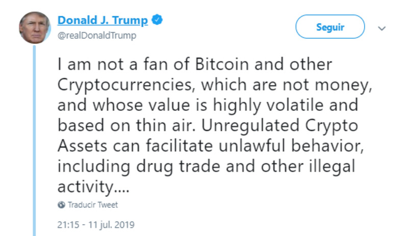 Tweet de Donald Trump en rechazo a las criptomonedas.