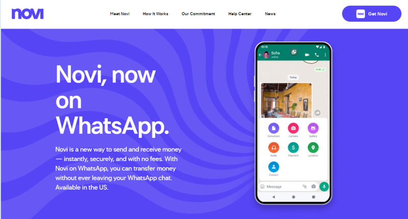 Imagen de la página web de Novi que muestra la nueva adhesión a Whatsapp.