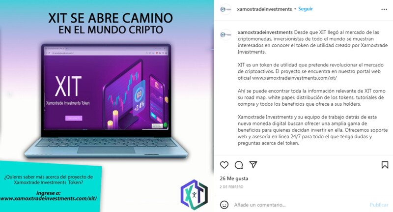 Xamoxtrade Investments informa a sus usuarios y potenciales holders a través de Instagram.