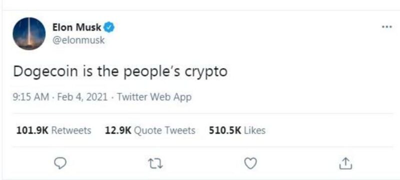Uno de los tweets de Elon Musk haciendo alusión a Dogecoin.