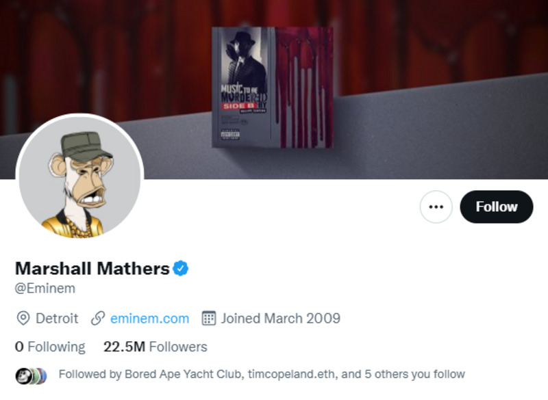 Eminem ha usado su NFT Bored Ape como imagen de perfil en Twitter.