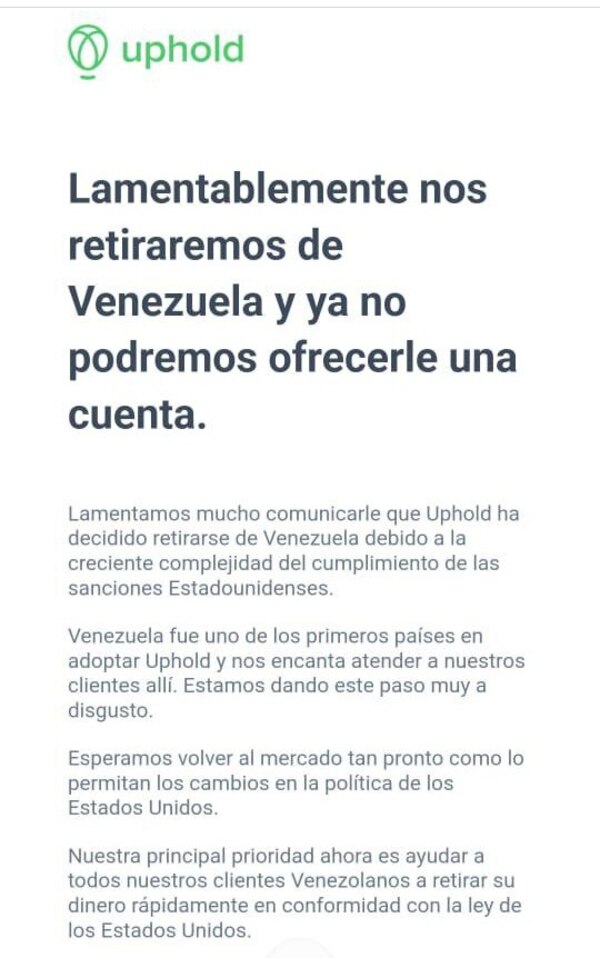 Mensaje enviado por Uphold a los usuarios venezolanos.