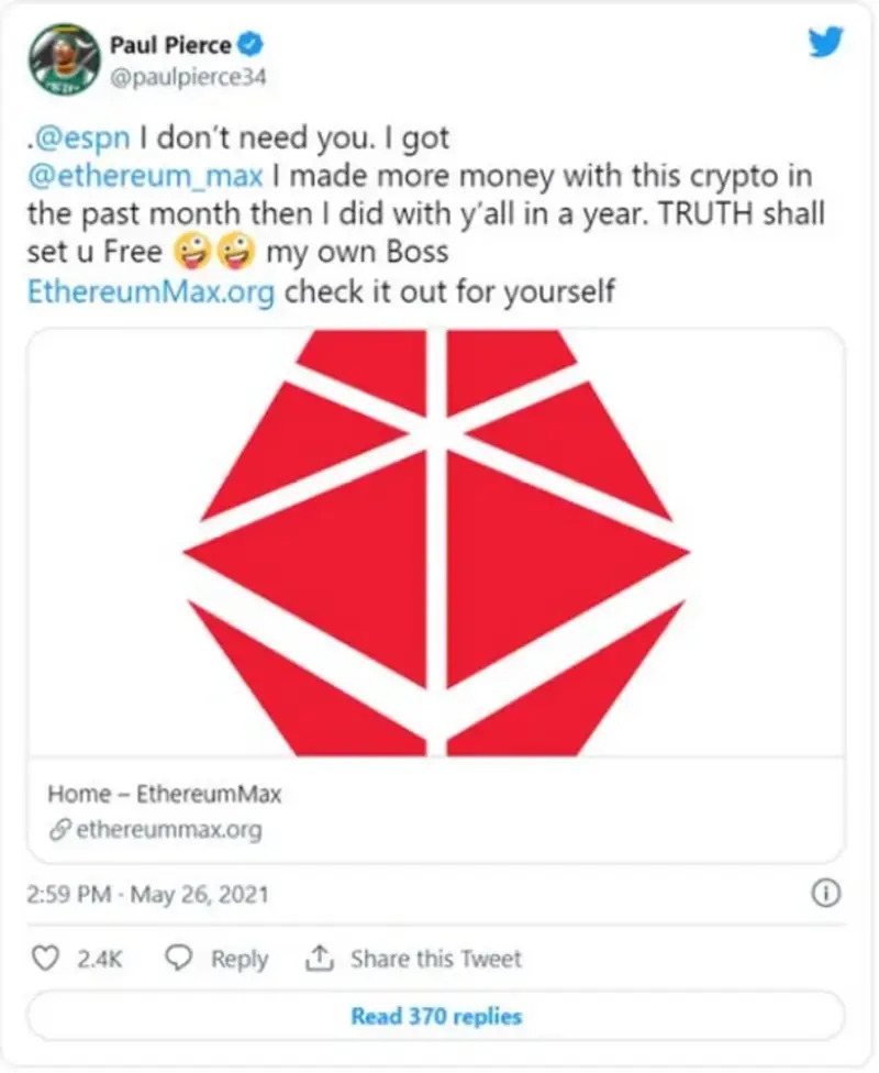 La estrella de la NBA Paul Pierce también hizo promoción del token EMAX