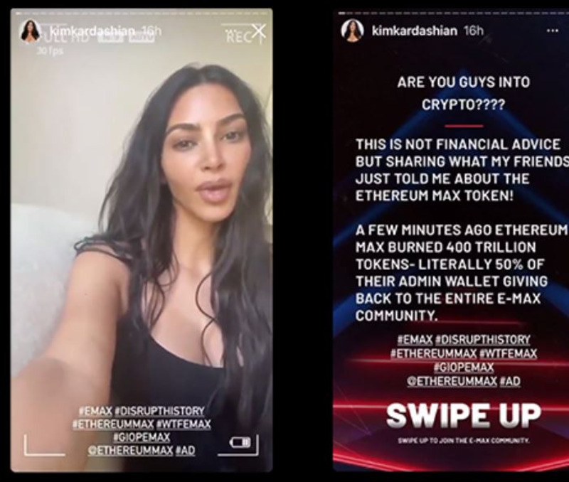 Kim Kardashian hizo promoción de EthereumMax a través de sus redes sociales.