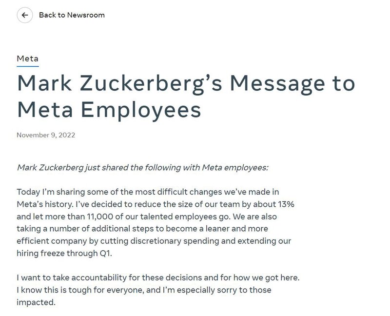 Mensaje publicado por Mark Zuckerberg para los empleados de Meta Platforms, Inc.